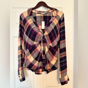 NWT PILCRO Gauze Plaid Ruched Button Down Shirt Size Large